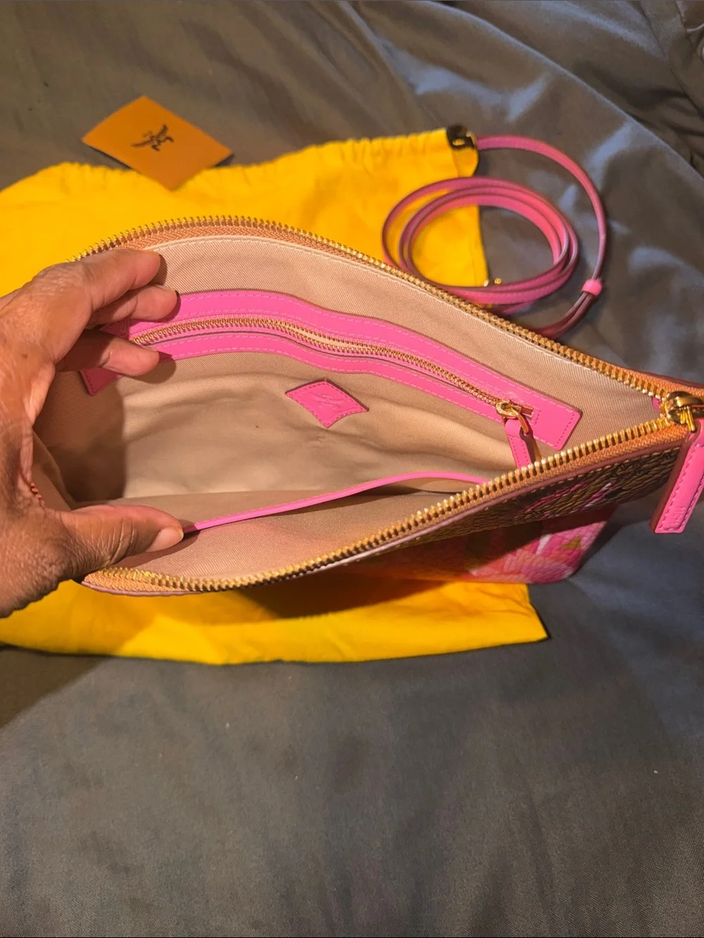 MCM Cognac Visetos Pink Coral-Print Zip Pouch with Pink Strap